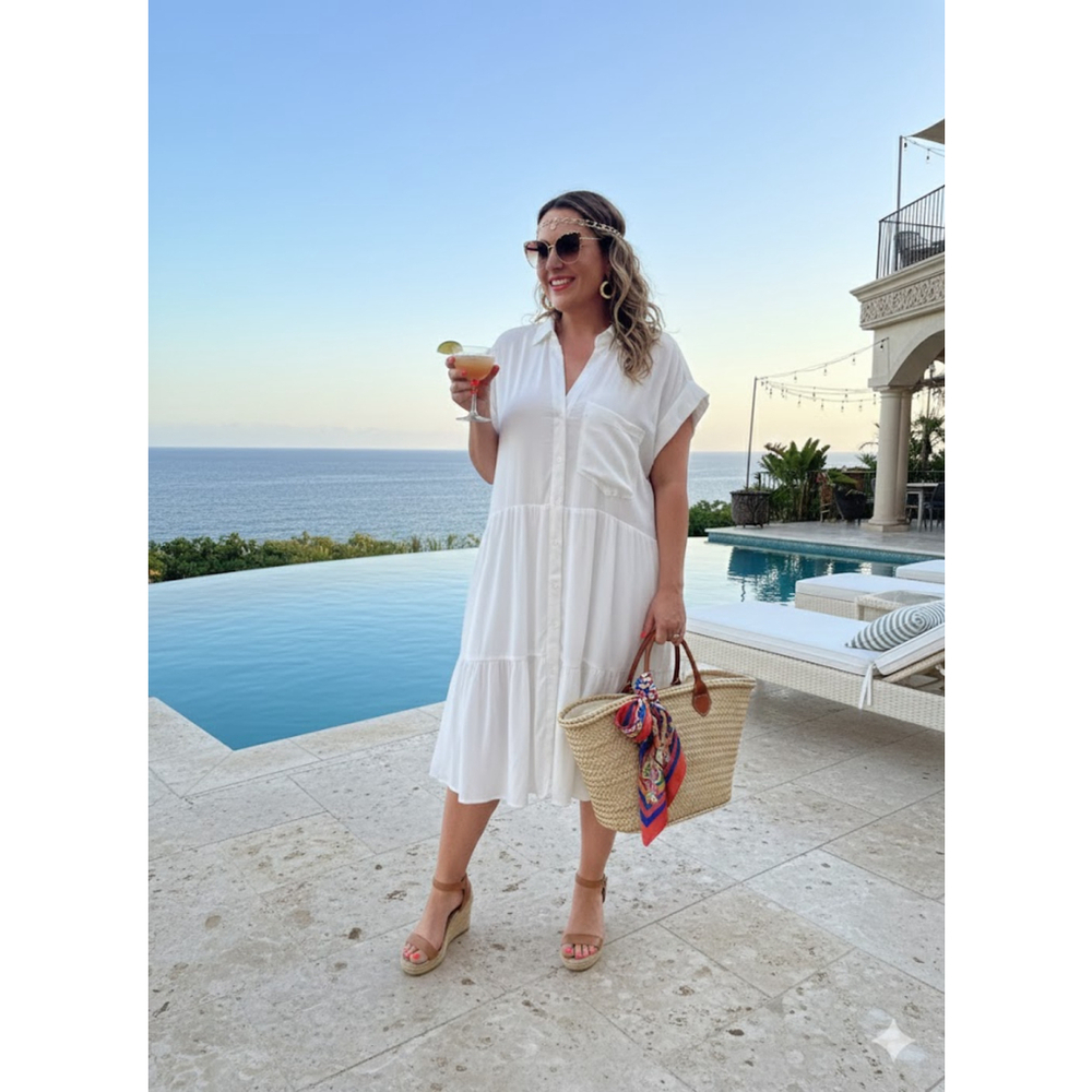 Oak & Trellis White Tiered Shirt Dress Plus Size 1X